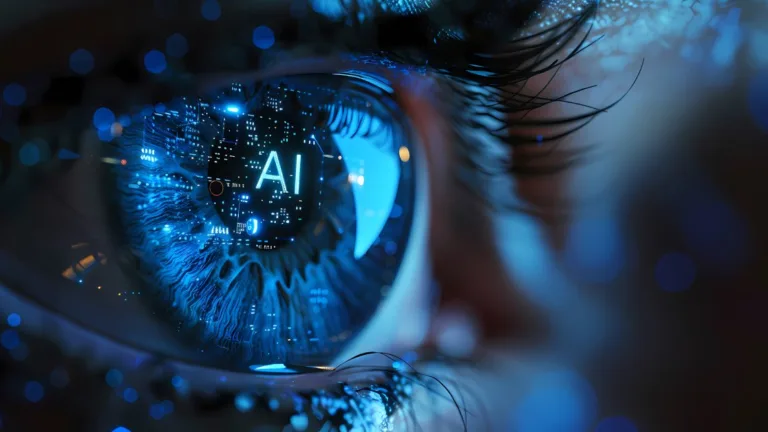 Abstract eye reflecting digital circuits, emphasizing most effective strategies for AI visibility enhancement.