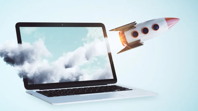 Rocket launching from a laptop, illustrating brand search lift driven by off-site engagement and visibility