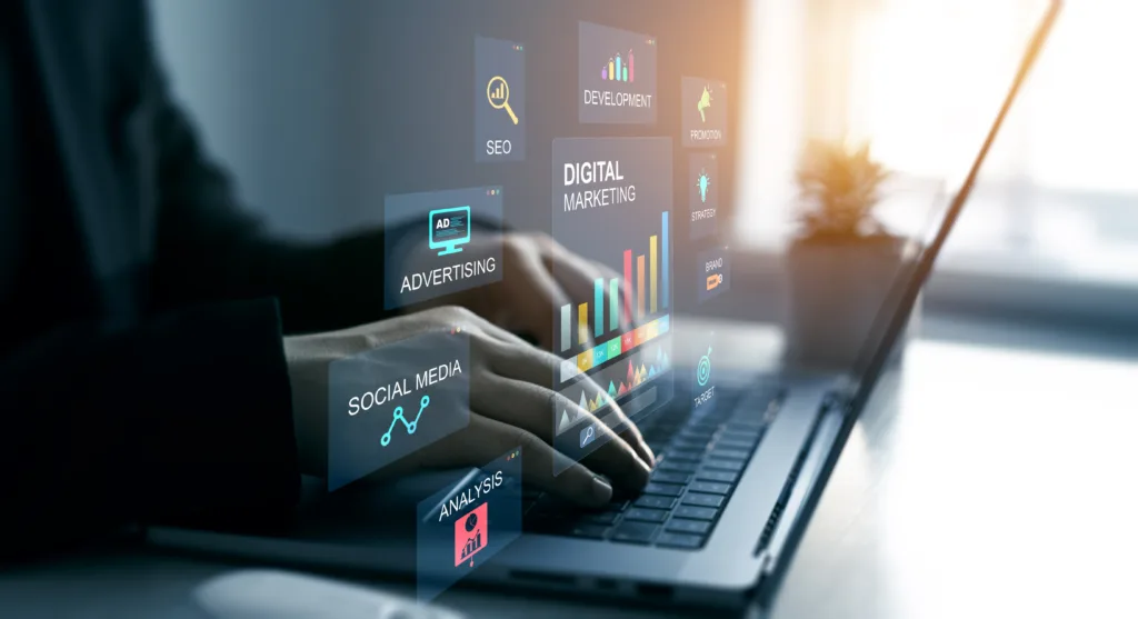 Digital marketing dashboard showing paid ads, SEO, social media, and analytics channels.