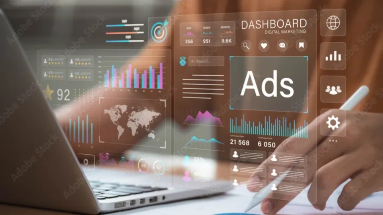 Digital marketing dashboard showing paid advertising metrics, ROI data, and cross-channel campaign performance