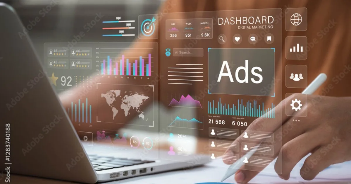 Digital marketing dashboard showing paid advertising metrics, ROI data, and cross-channel campaign performance
