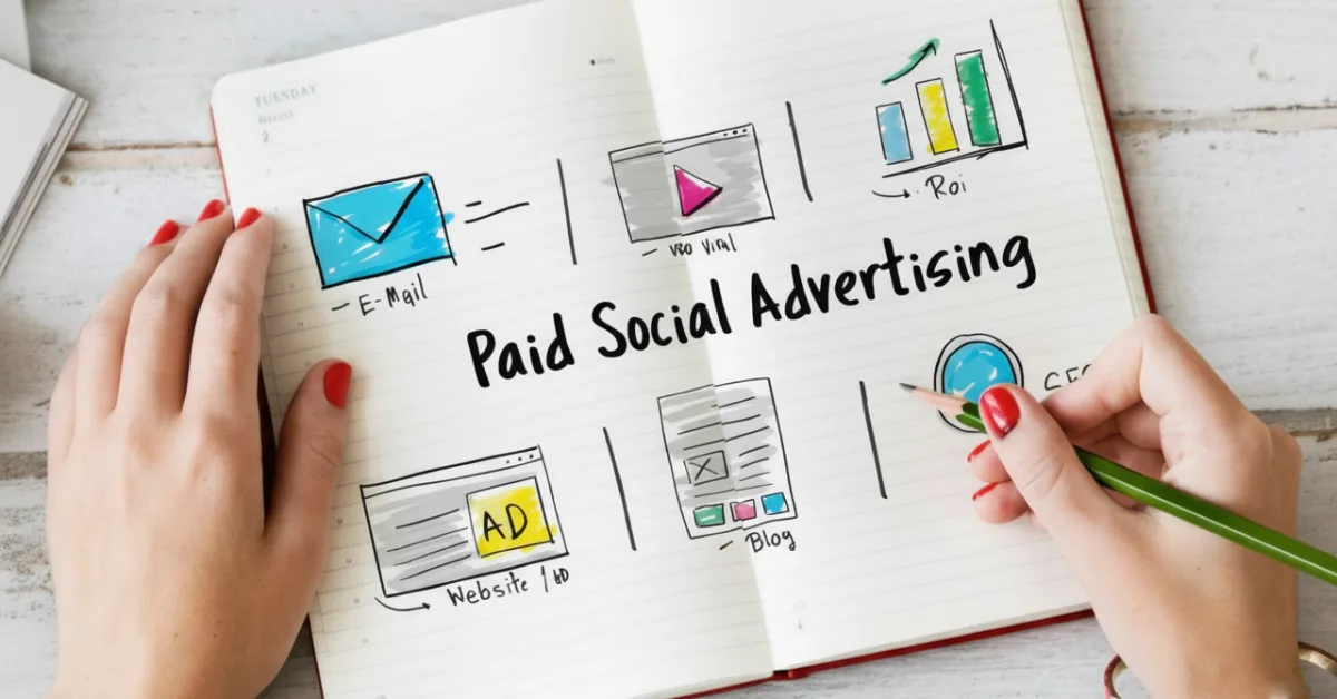 Paid social ads competitor analysis notebook sketch, channels, ROI, blog, ad creatives planning workflow strategy. AI-generated.