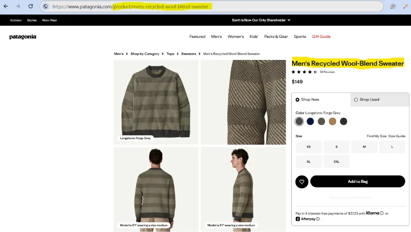 Patagonia Men’s Recycled Wool-Blend Sweater product page with multiple views and size options.