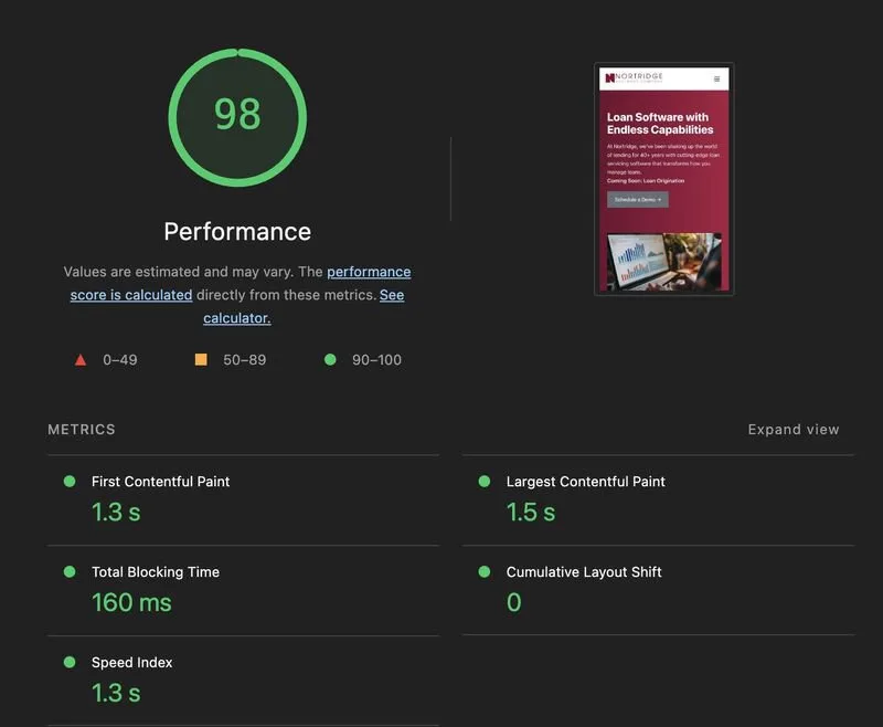 PageSpeed Insights score of 98 showing Core Web Vitals results after a site rebuild