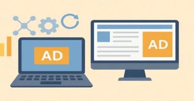 Programmatic vs Display Advertising: laptop and desktop ad visuals illustrated.