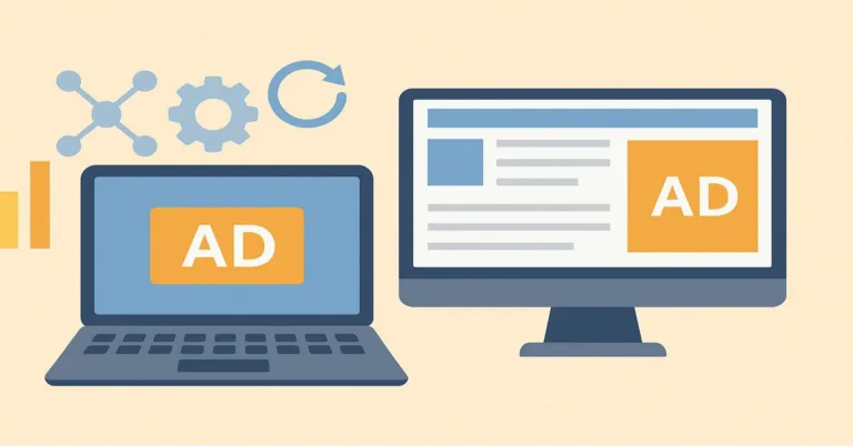 Programmatic vs Display Advertising: laptop and desktop ad visuals illustrated.