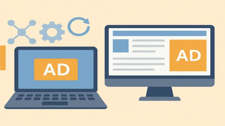 Programmatic vs Display Advertising: laptop and desktop ad visuals illustrated.