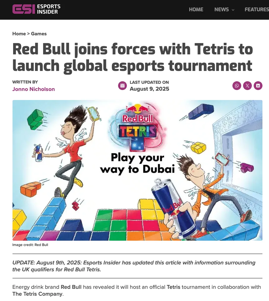 ESI article on Red Bull and Tetris launching a global esports tournament, with a cartoon image promoting “Red Bull TETRIS: Play your way to Dubai.