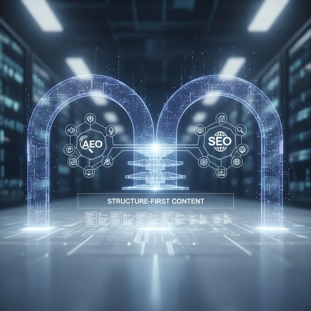 Horizontal digital interface featuring glowing blue neural network arches and abstract data structure icons.