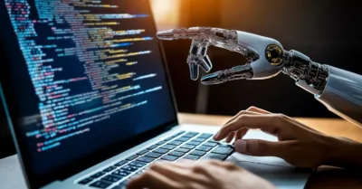 Robotic hand typing code beside human developer on laptop, illustrating a powerful SEO AI agent.
