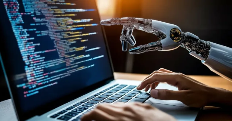 Robotic hand typing code beside human developer on laptop, illustrating a powerful SEO AI agent.