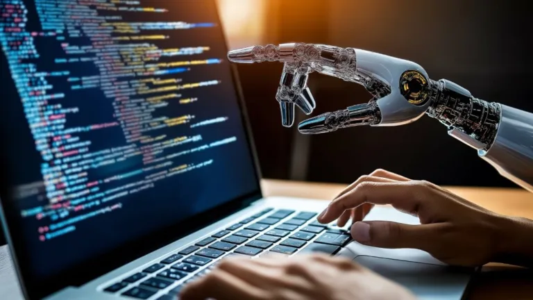 Robotic hand typing code beside human developer on laptop, illustrating a powerful SEO AI agent.