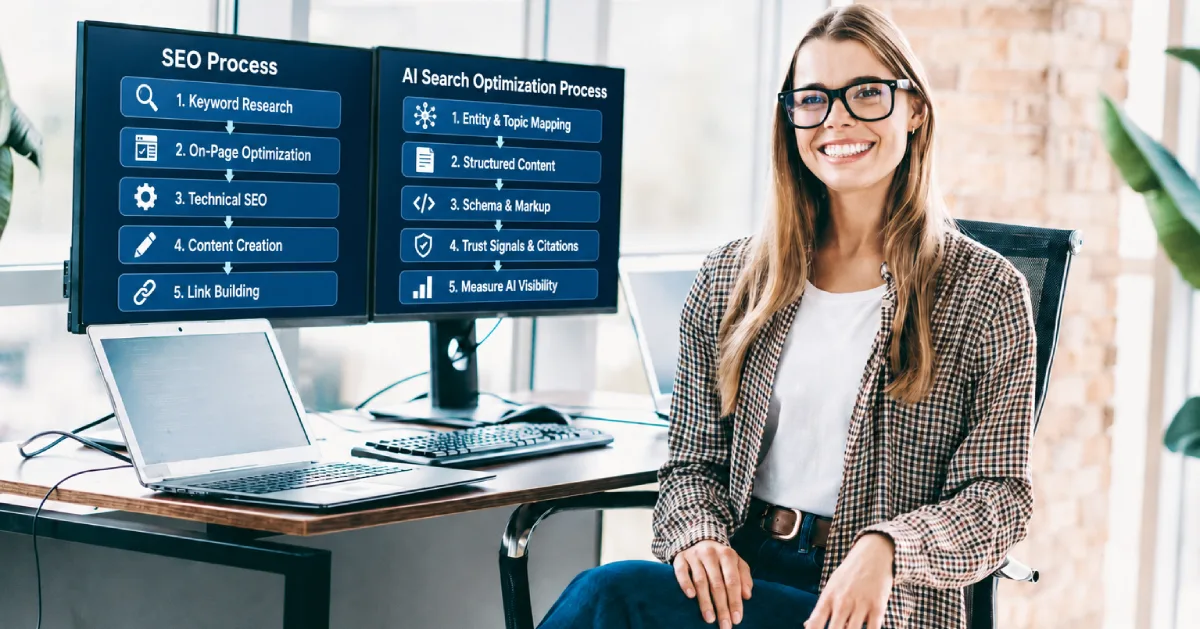 Woman beside dual monitors comparing the SEO process and AI search optimization process side by side.