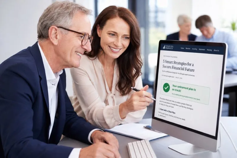 Financial planning team smiling at their desktop while reviewing a published retirement planning article on their firm's website