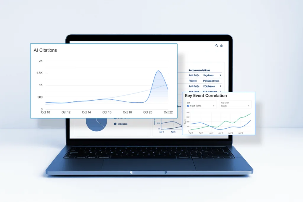 A laptop showing graphs of AEO and AI visibility from Trustworthy signals