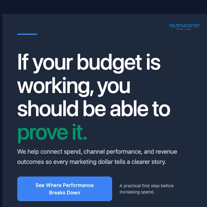 Trustworthy Digital Meta ad challenging marketing leaders to prove their budget is driving measurable revenue outcomes