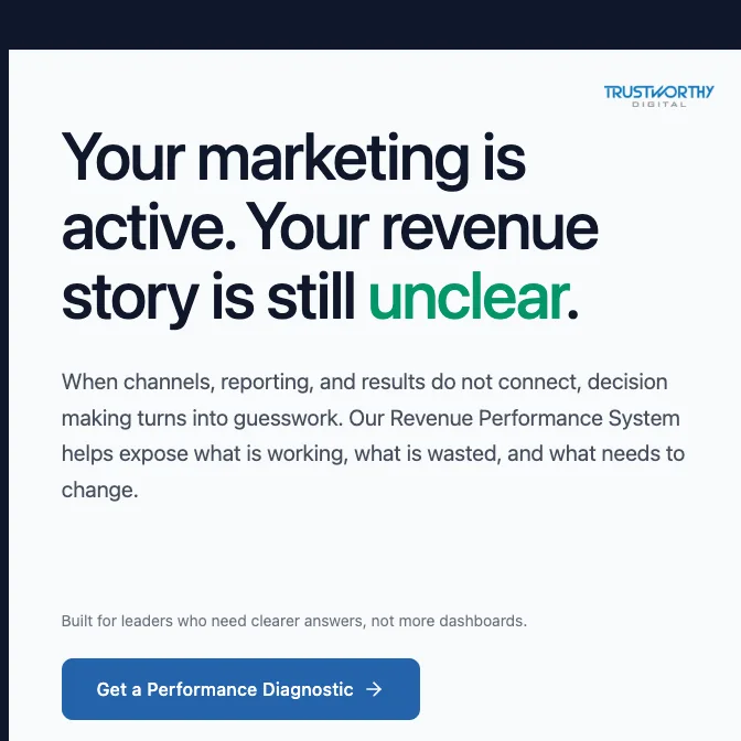 Trustworthy Digital Meta ad highlighting unclear revenue story for marketing leaders seeking performance clarity