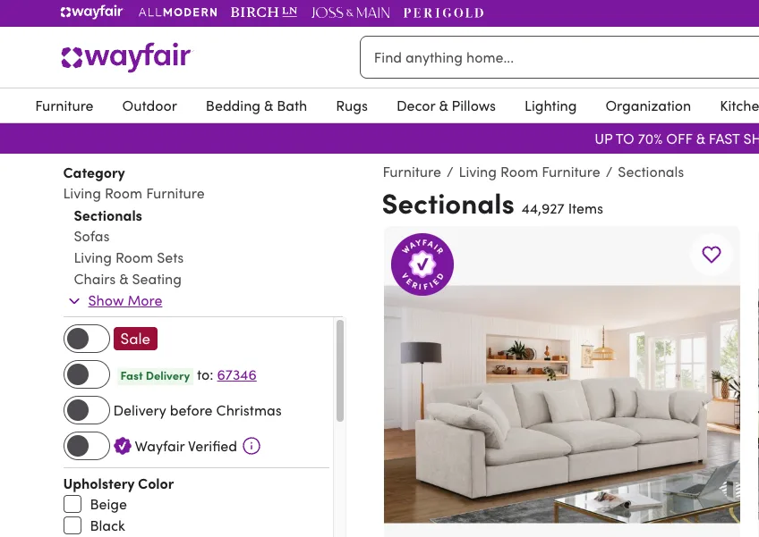 Wayfair Sectionals category page showing breadcrumb navigation, filters, and a sectional sofa image.