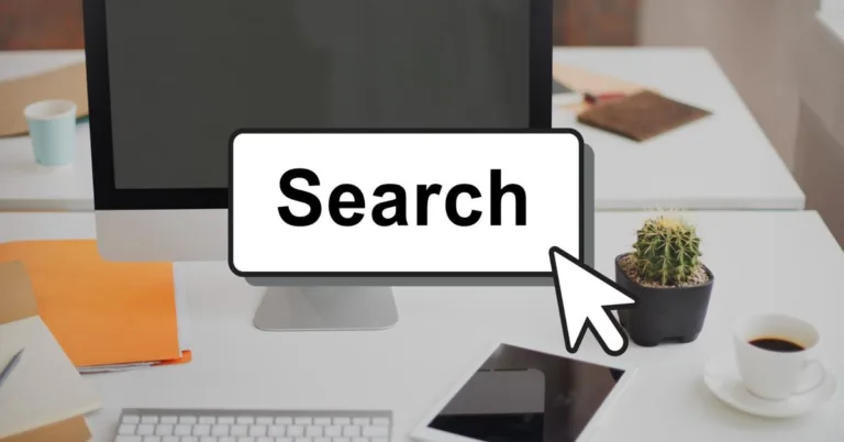 Search bar graphic showing digital marketing and SEO concept workspace.