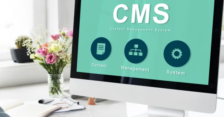 Computer screen displaying CMS content management system concept for SEO optimization and digital website performance.