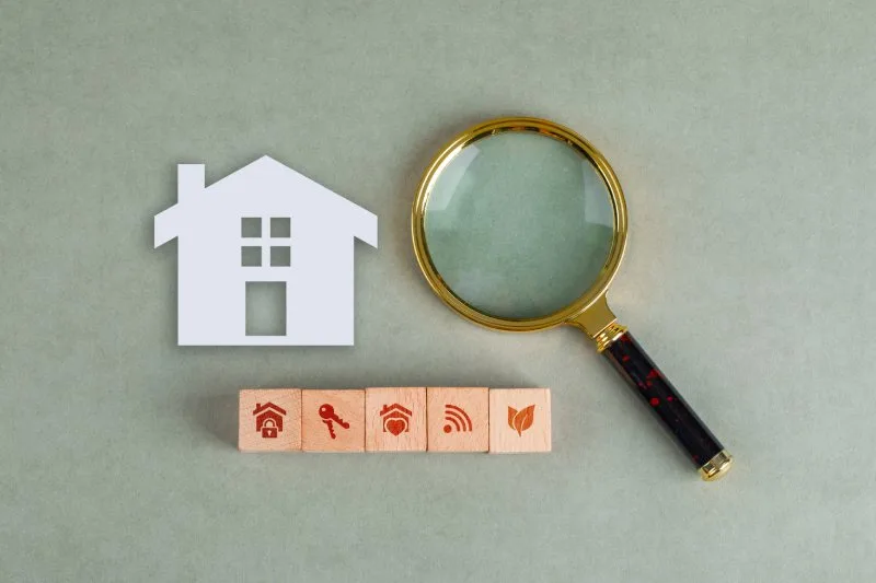 Magnifying glass beside house icon, representing broker audits, property data signals, and AI search visibility.