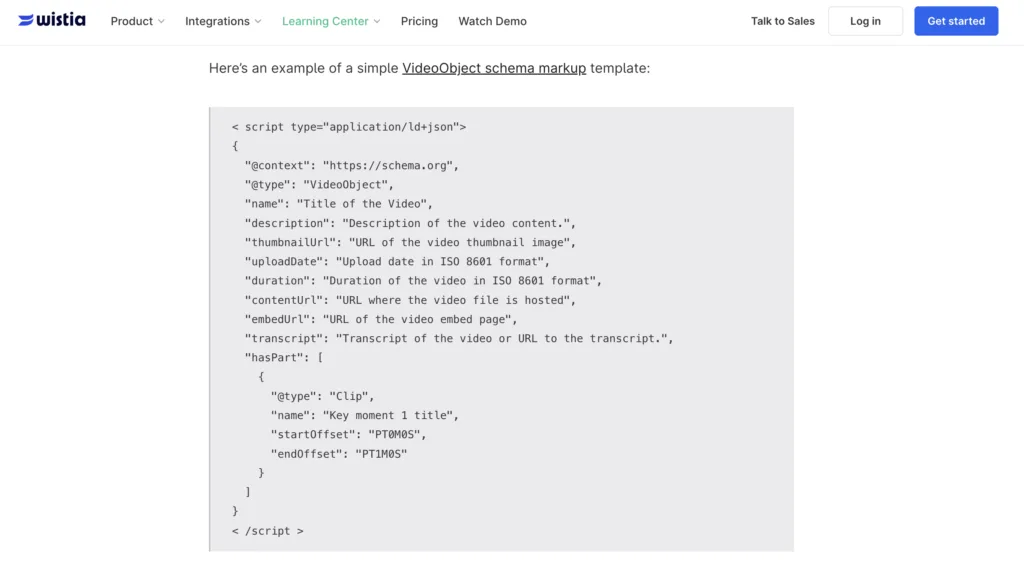 Example of a simple VideoObject schema markup template.
