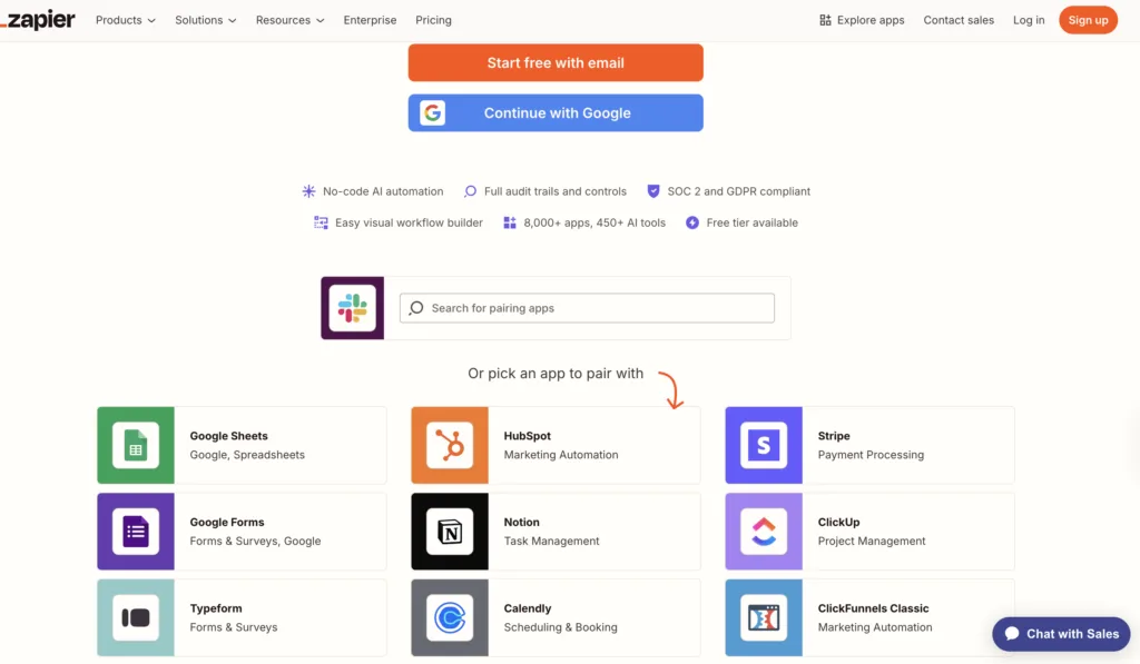 Zapier homepage showing sign-up buttons and features like no-code AI automation, audit trails, and 8,000+ app integrations, plus a list of popular apps such as Google Sheets, HubSpot, and Stripe.